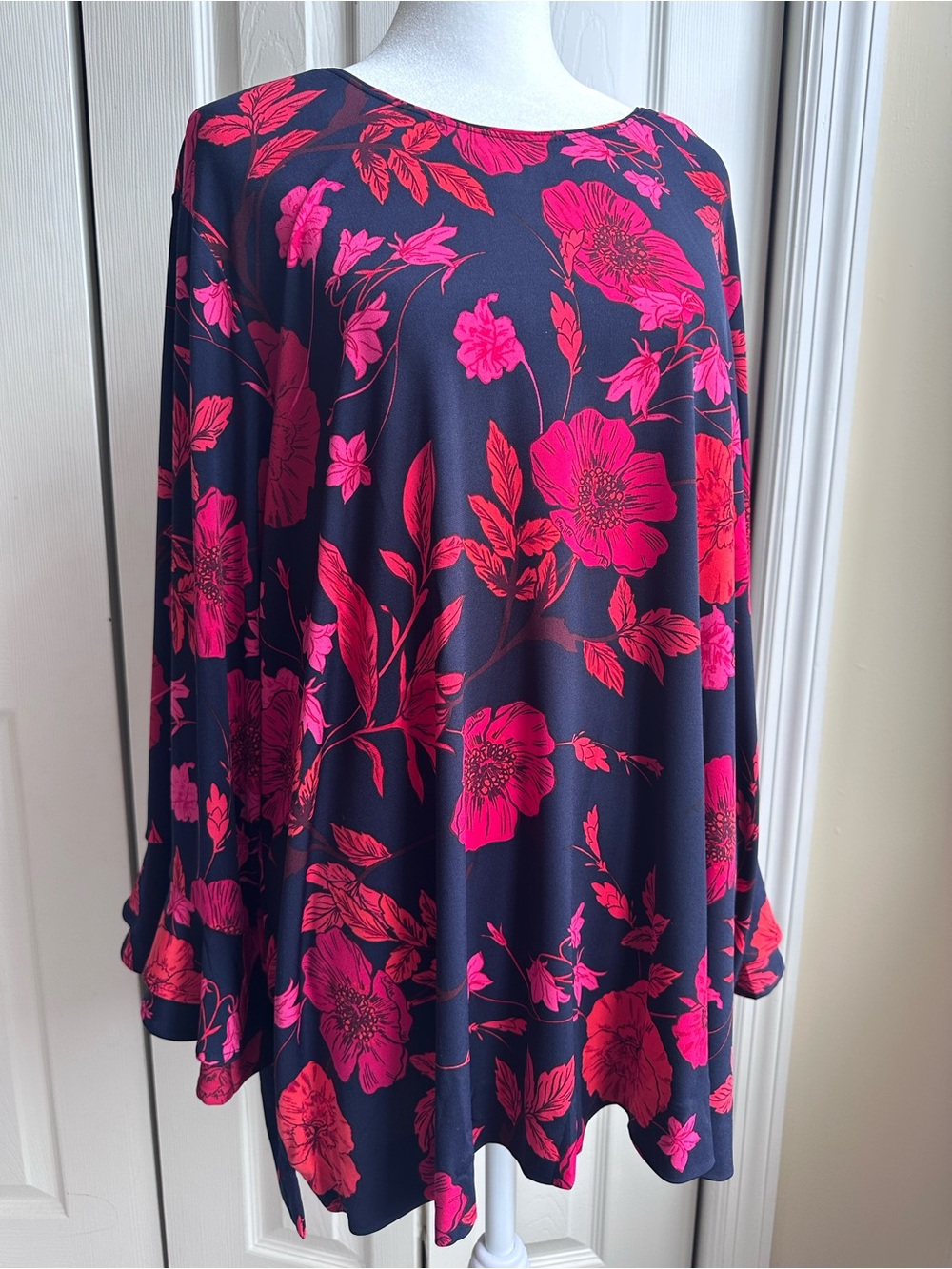 Karl Lagerfeld Black Blouse with Red, Orange, & Hot Pink Floral Print. NWT